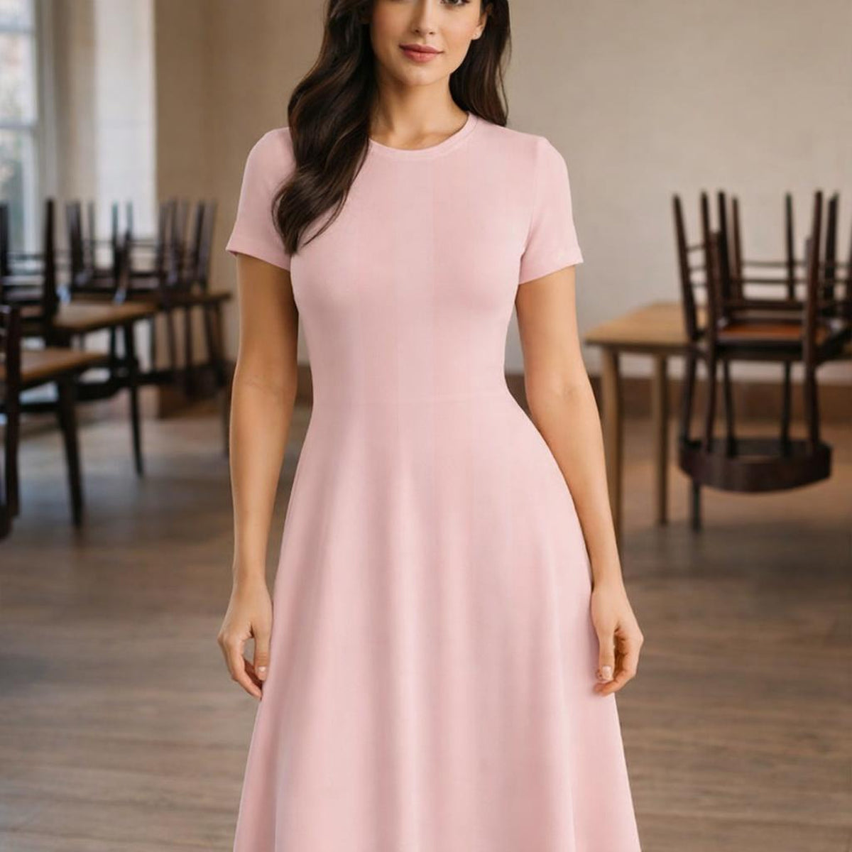 Soft Pink Bloom | A-Line Dress | Fitted Bodice, Flared Midi · design detail
