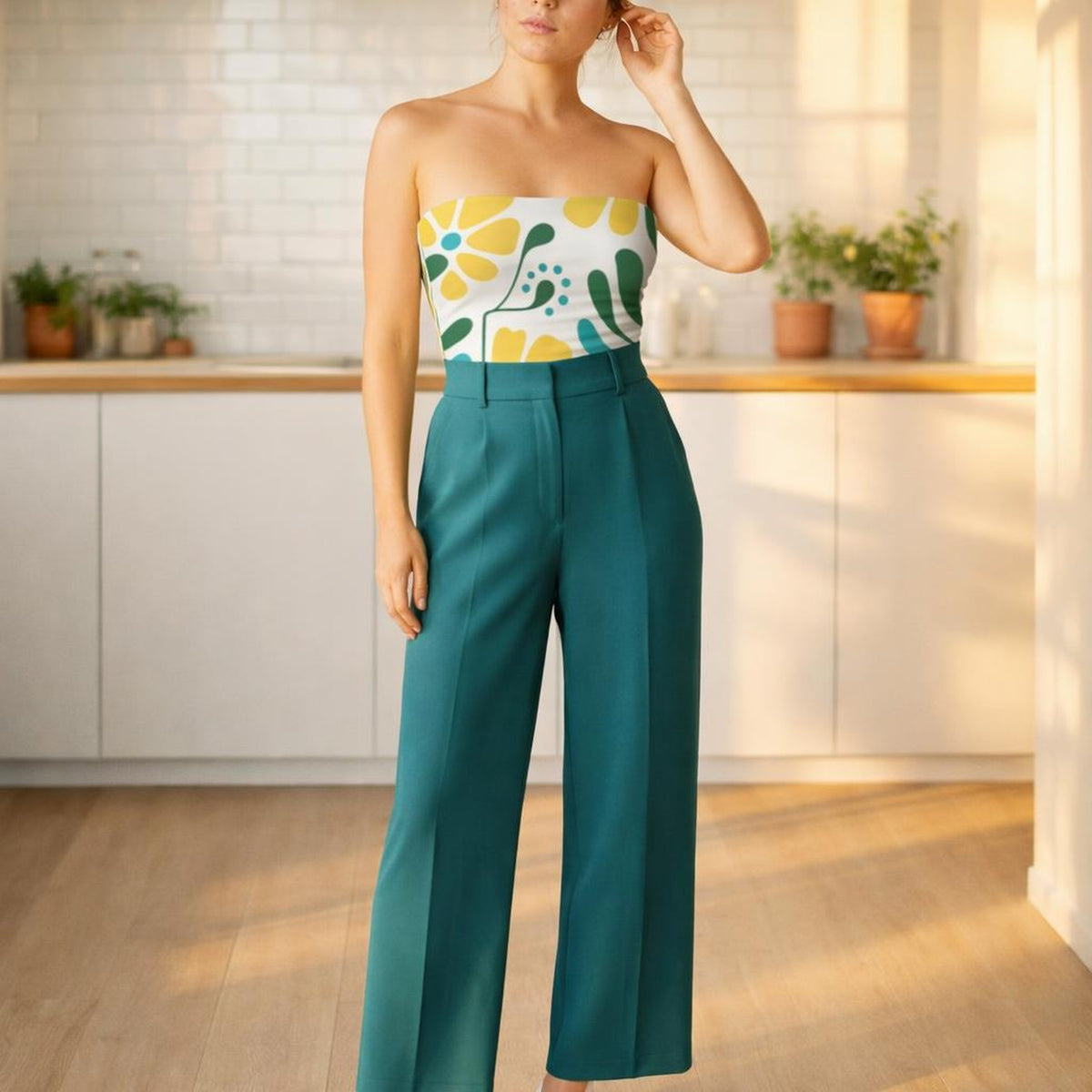 Sun Petal Pop | Tube Top | Yellow & Teal Floral · front view