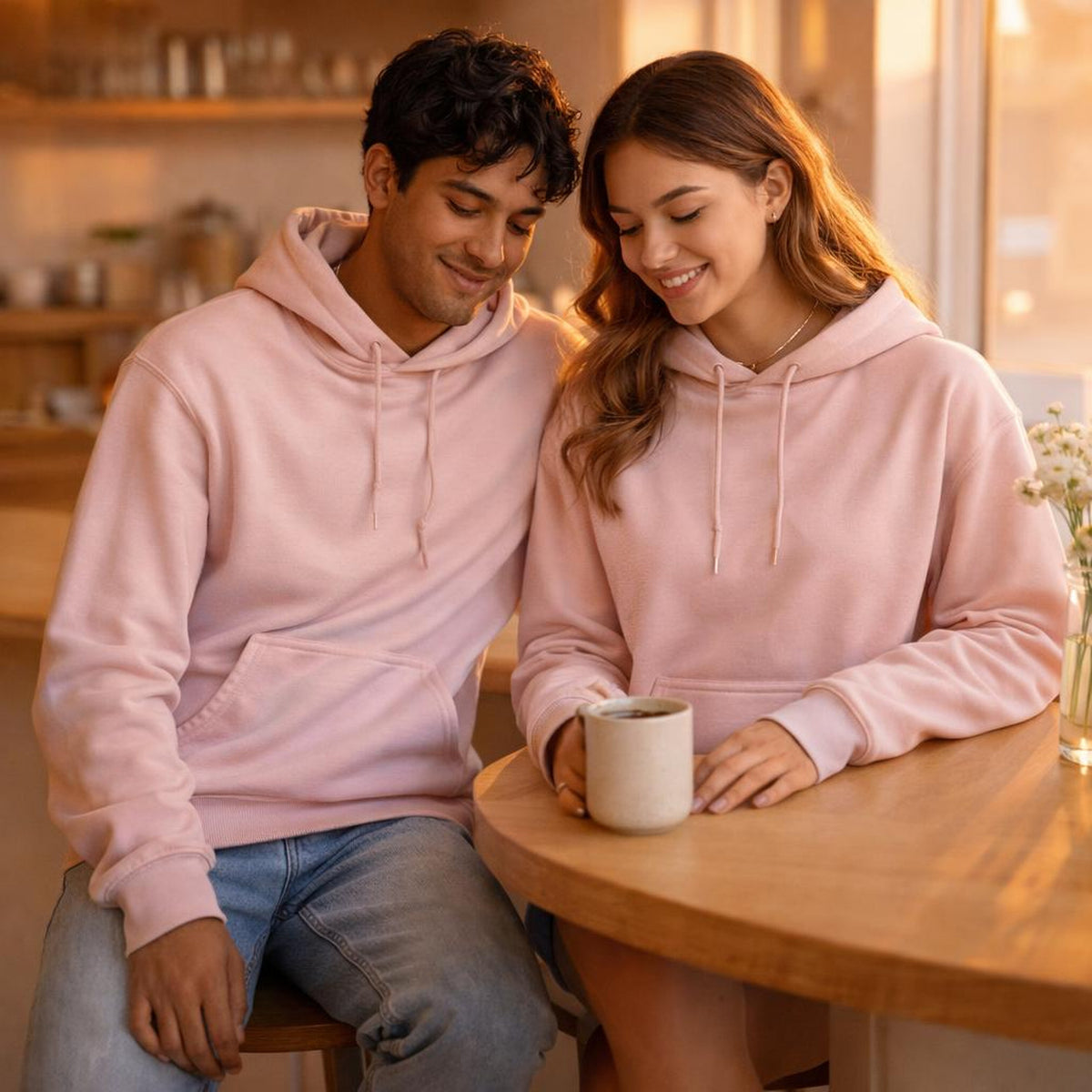 Soft Serenity | Hoodie | Baby Pink · on a man and a woman
