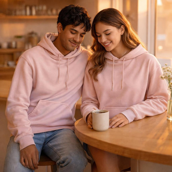 Soft Serenity | Hoodie | Baby Pink · on a man and a woman