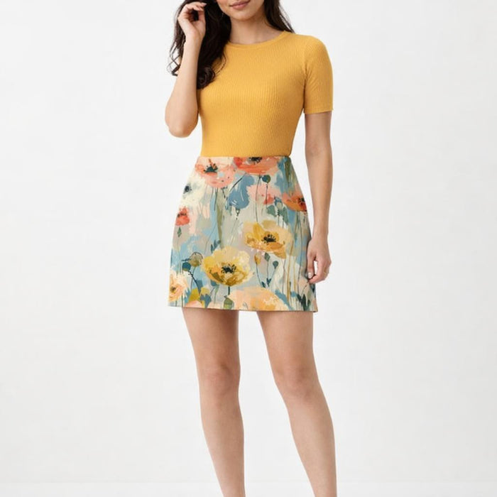 Pastel Bloom | Mini Skirt | Hand-Painted Florals · front view