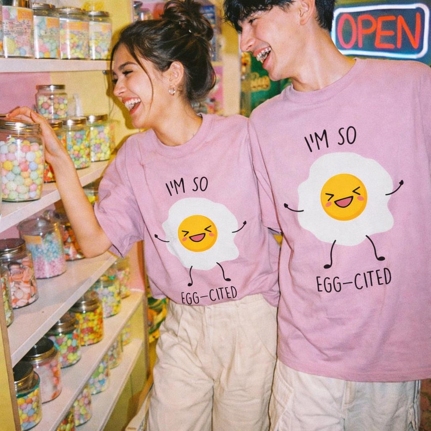 Egg-Cited | Oversized Classic T-Shirt | Smiley Egg Graphic — front view