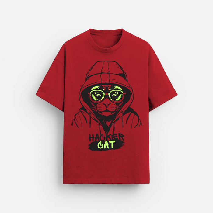 Hacker Cat | Oversized T-Shirt | Red & Black Graphic