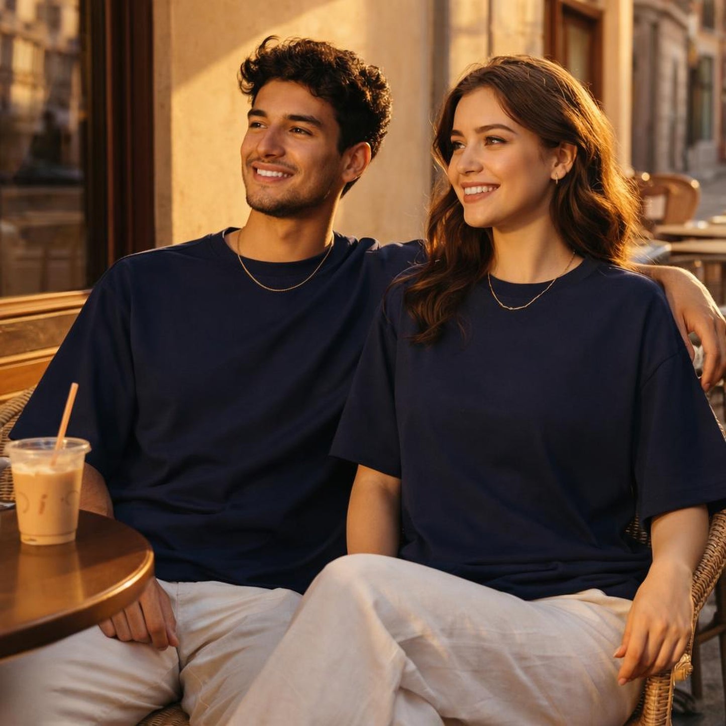 Navy Essentials | Oversized T-Shirt | Deep Blue Classic · on a man and a woman