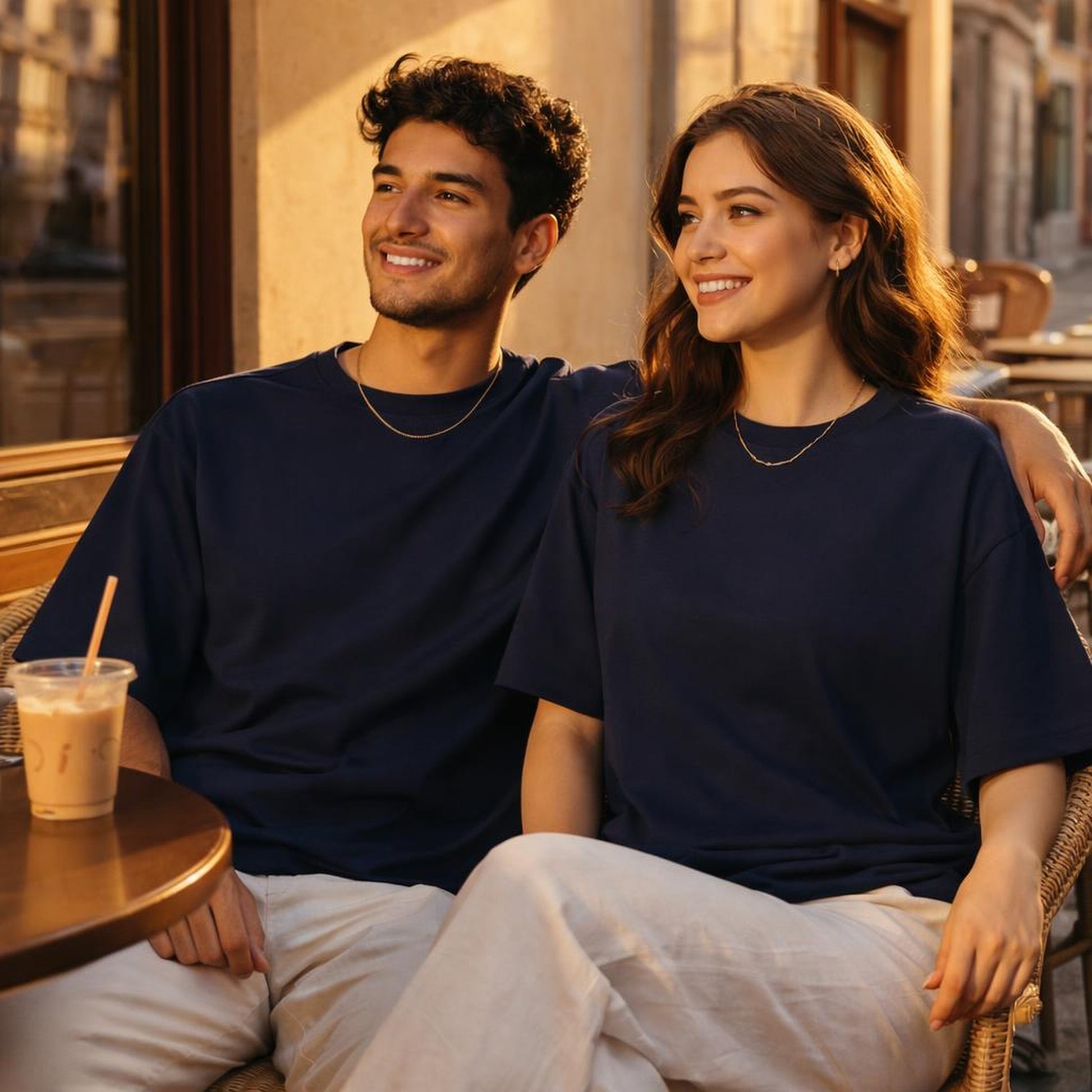 Navy Essentials | Oversized T-Shirt | Deep Blue Classic · on a man and a woman