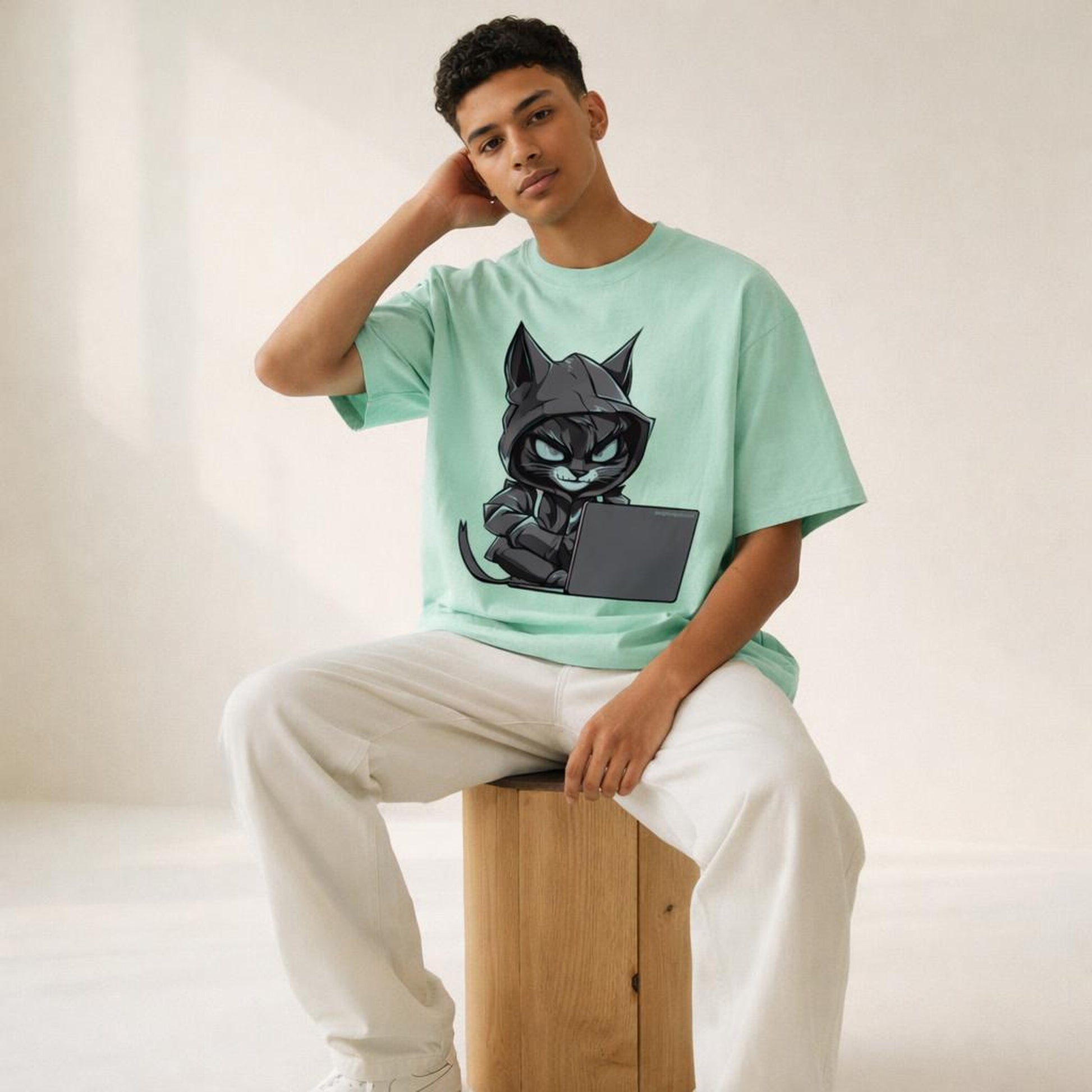 Hacker Cat | Oversized T-Shirt | Mint · on a man