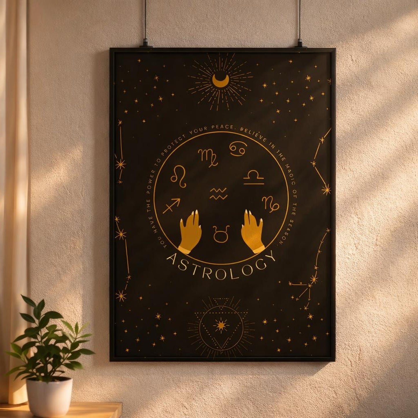 Celestial Hands | A3 Poster | Gold Zodiac on Black — design detail
