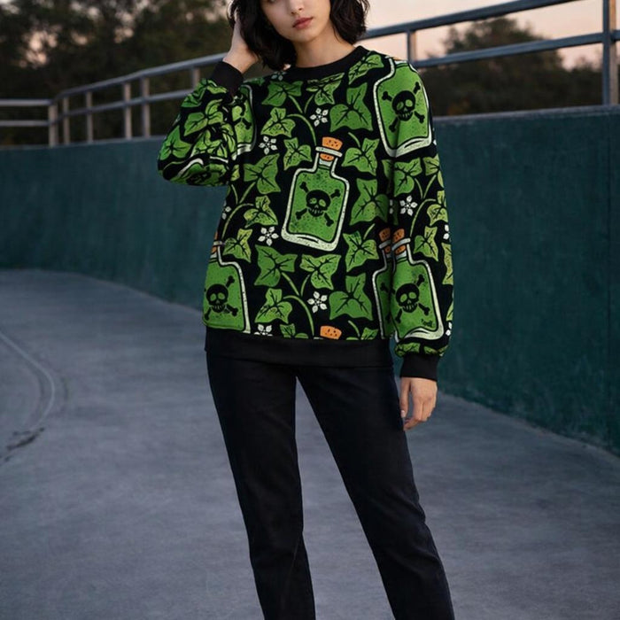 Dark Garden | Sweatshirt | Gothic Ivy & Skull Bottles · on a woman