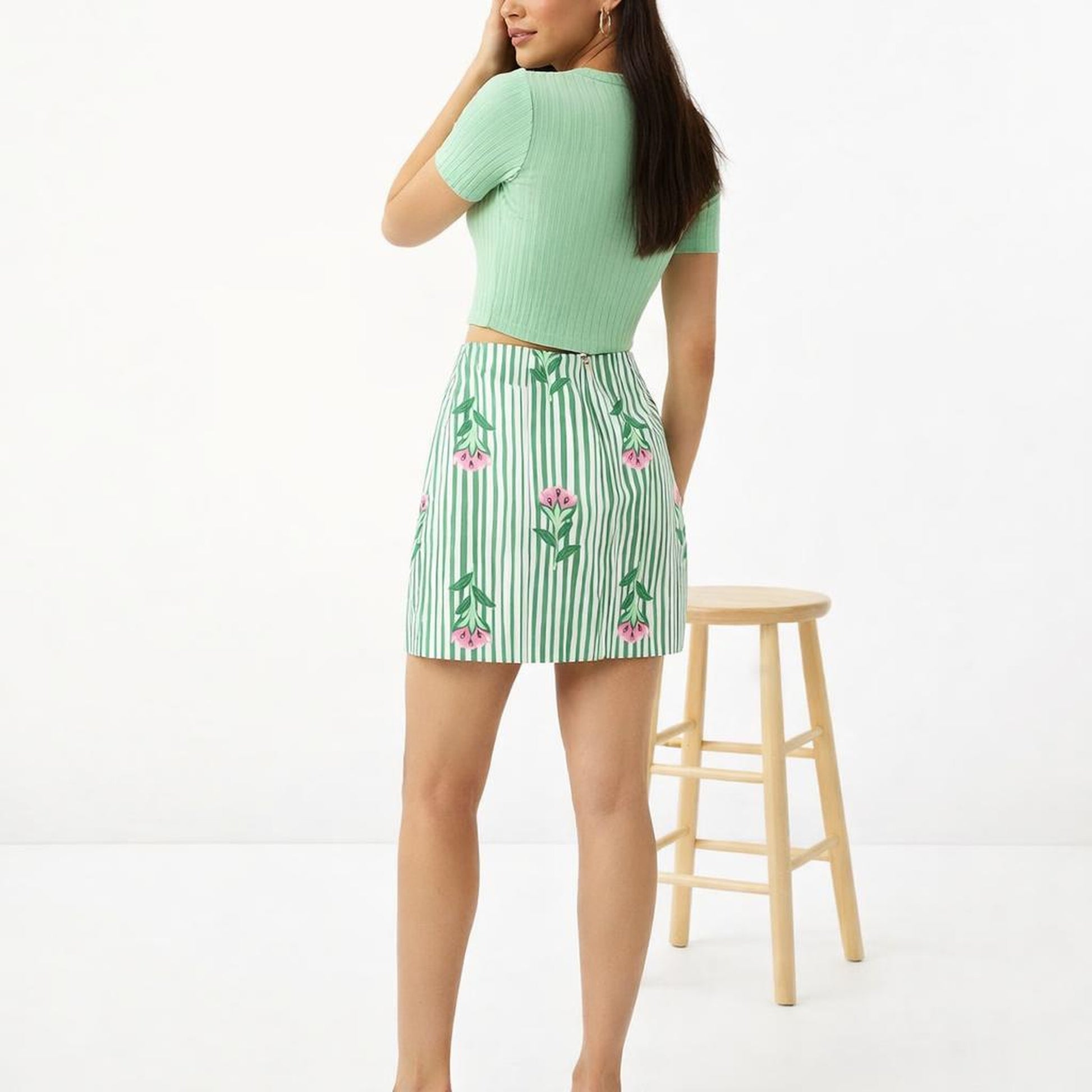 Floral Stripe | Mini Skirt | Sage Green — back view
