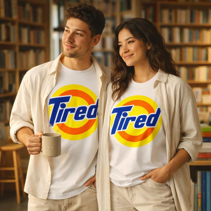 Tired | Oversized T-Shirt | Bold Colourblock Logo · on a man and a woman