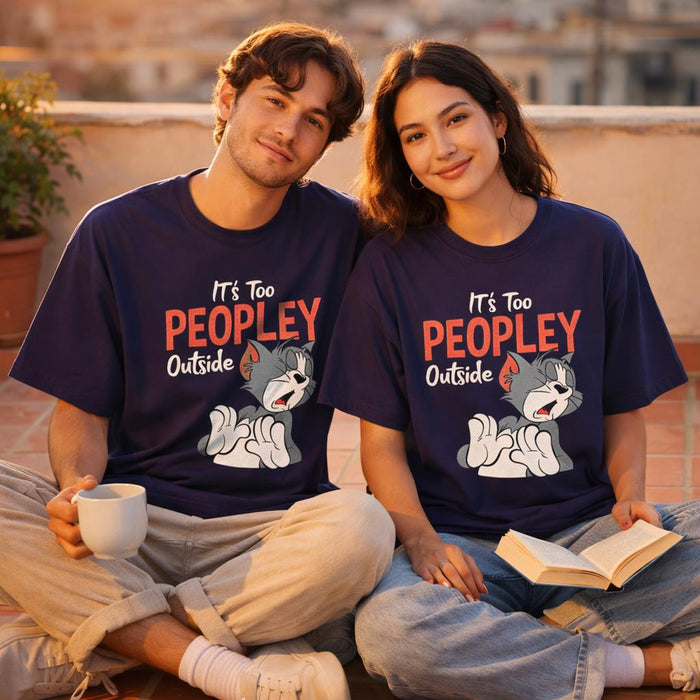 Too Peopley Outside | Oversized T-Shirt | Navy Cat Graphic · on a man and a woman