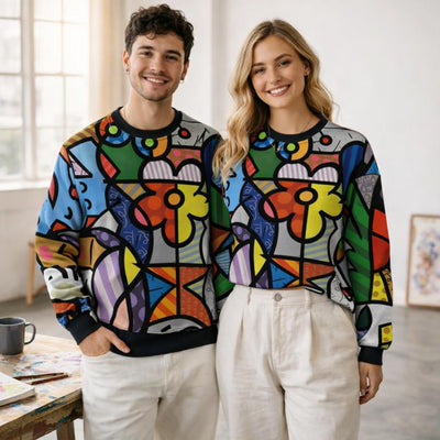 Chaos Bloom | Sweatshirt | Multicolor Abstract · on a man and a woman
