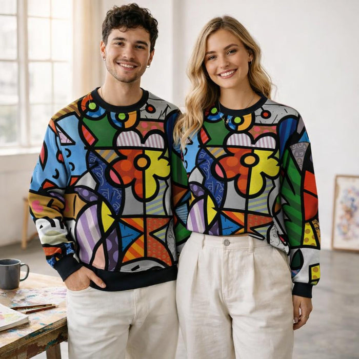 Chaos Bloom | Sweatshirt | Multicolor Abstract · on a man and a woman