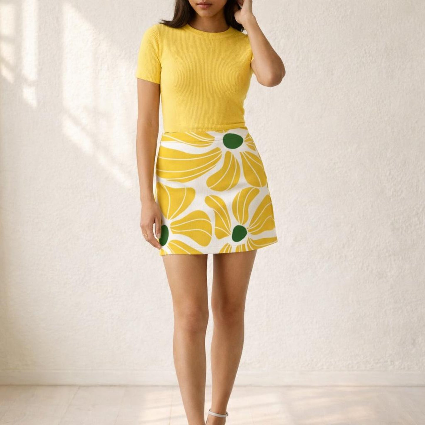 Golden Bloom | Mini Skirt | Floral Graphic — front view