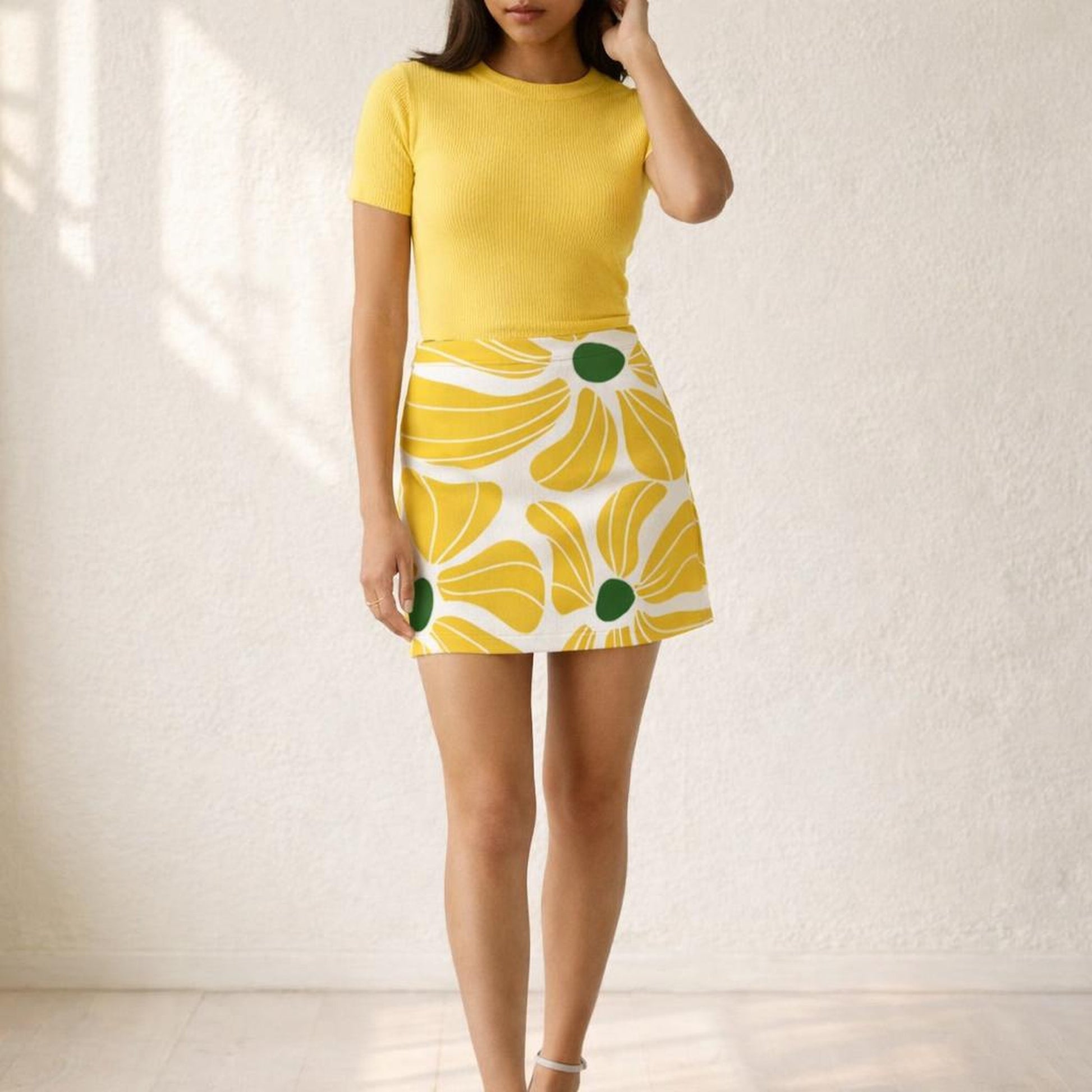 Golden Bloom | Mini Skirt | Floral Graphic — front view
