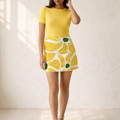 Golden Bloom | Mini Skirt | Floral Graphic — front view