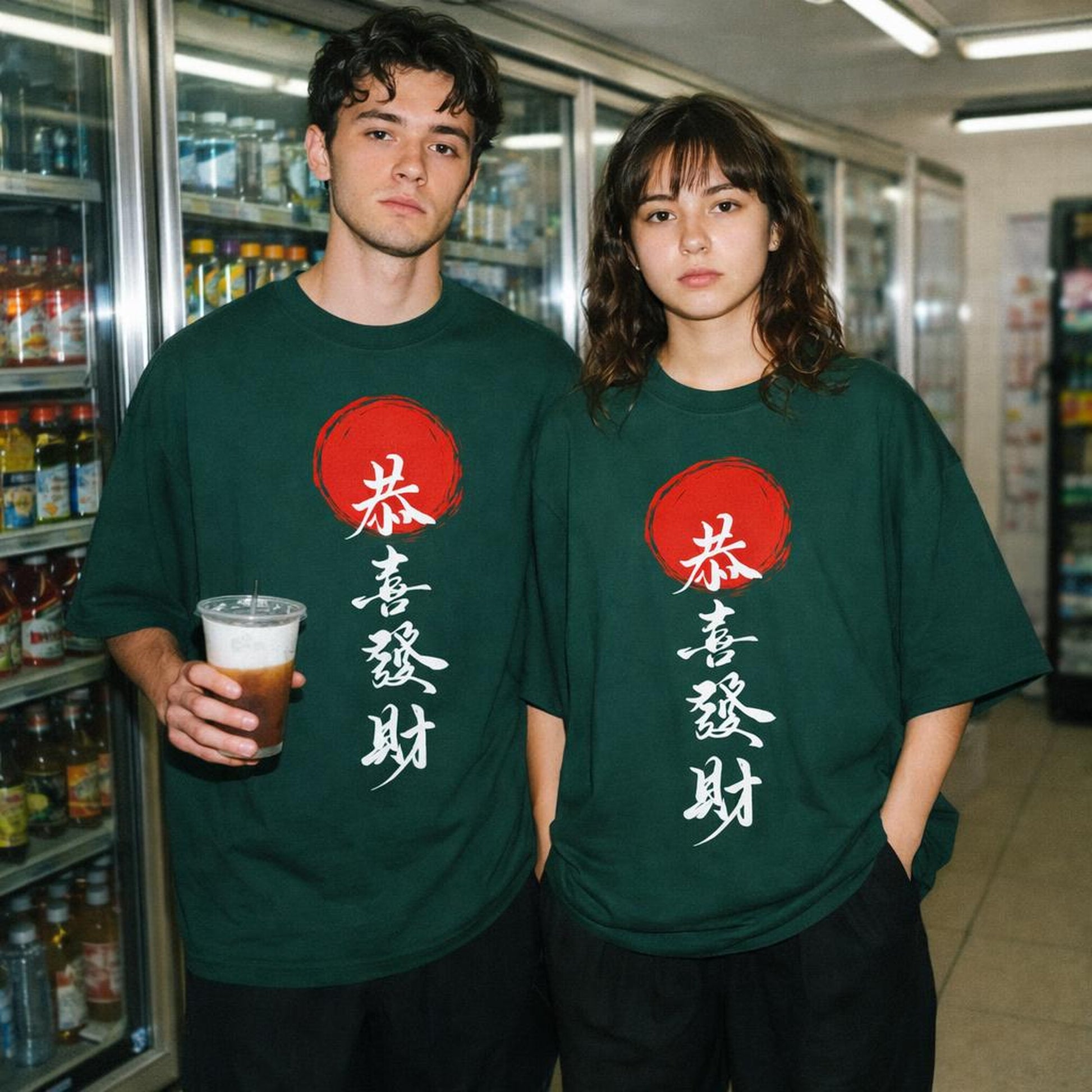 Gong Xi Fa Cai | Oversized Classic T-Shirt | Bottle Green · on a man and a woman