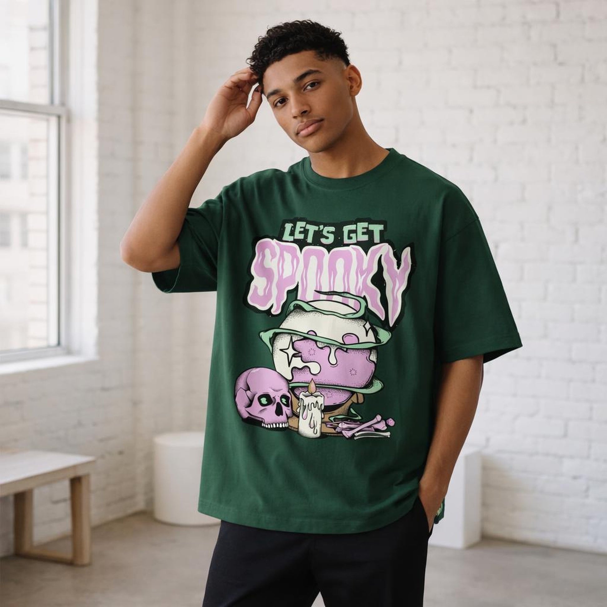 Spooky Feast | Oversized T-Shirt | Bottle Green · on a man