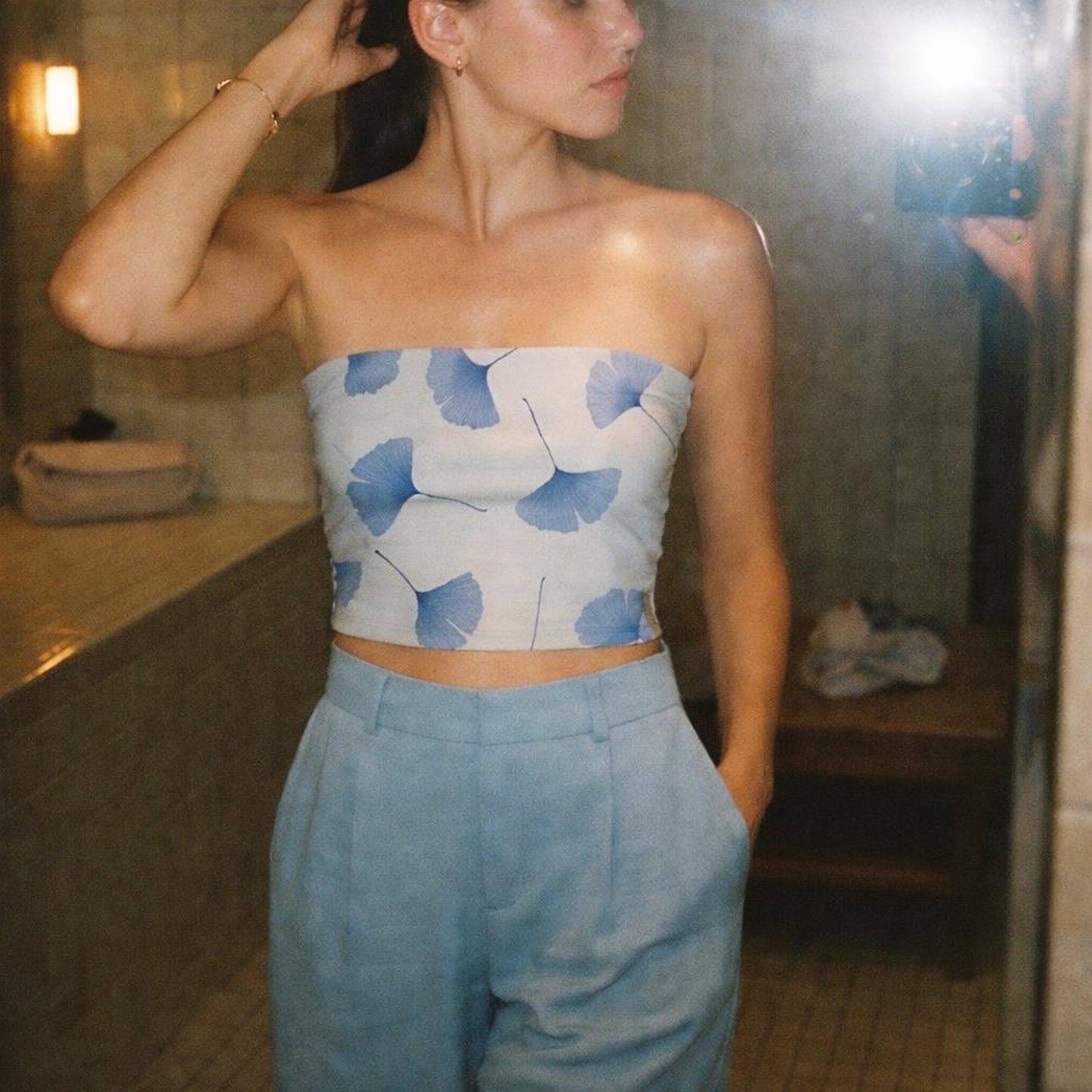 Ginkgo Bloom | Tube Top | Soft Blue Botanical — lifestyle