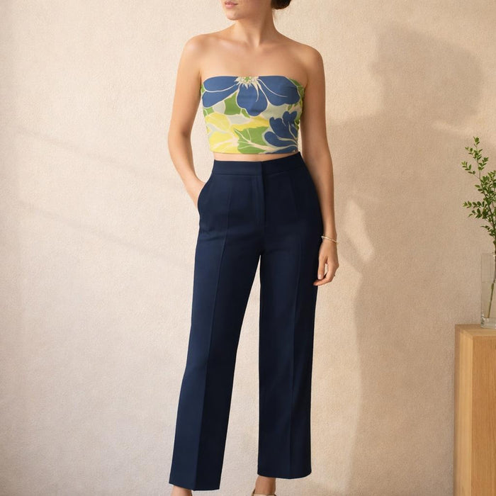 Sunlit Indigo Bloom | Tube Top | Indigo, Yellow & Green Floral · front view