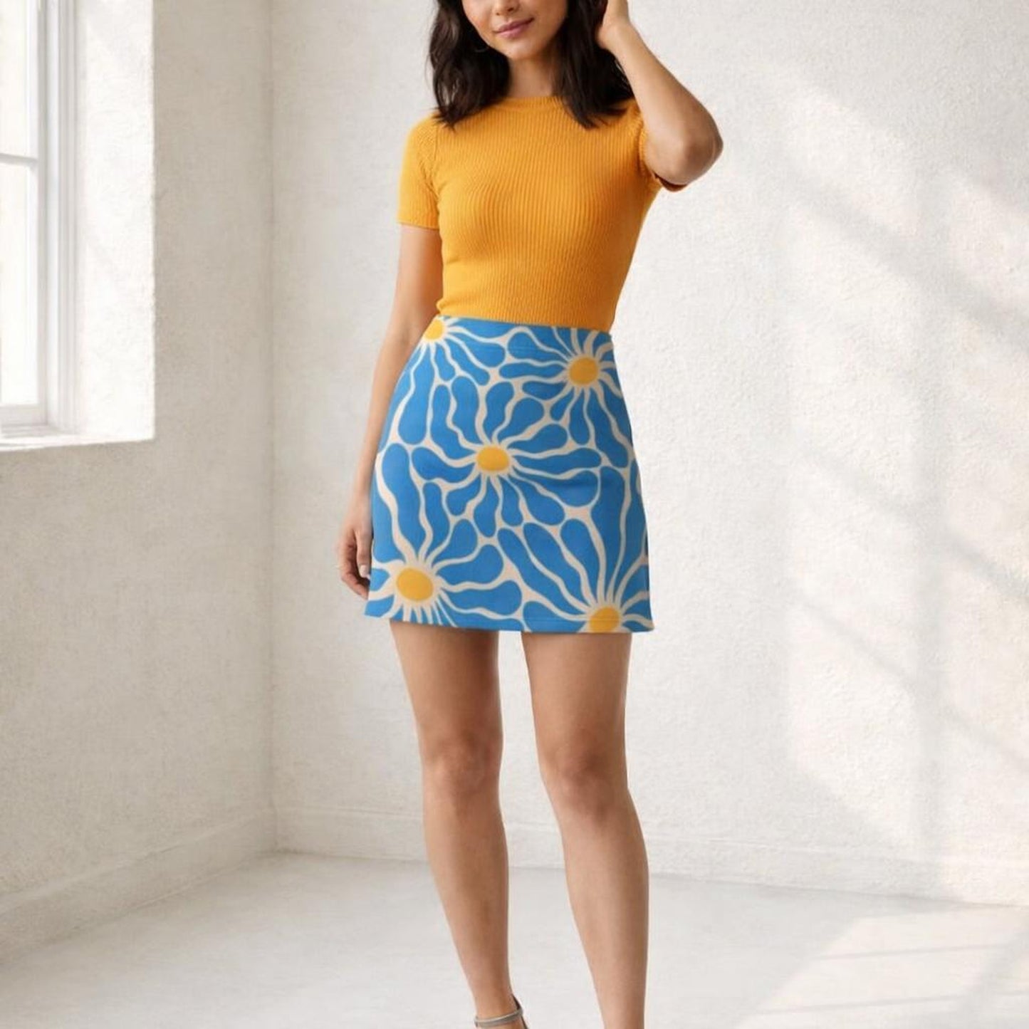 Blue Bloom Burst | Mini Skirt | Yellow Floral — front view