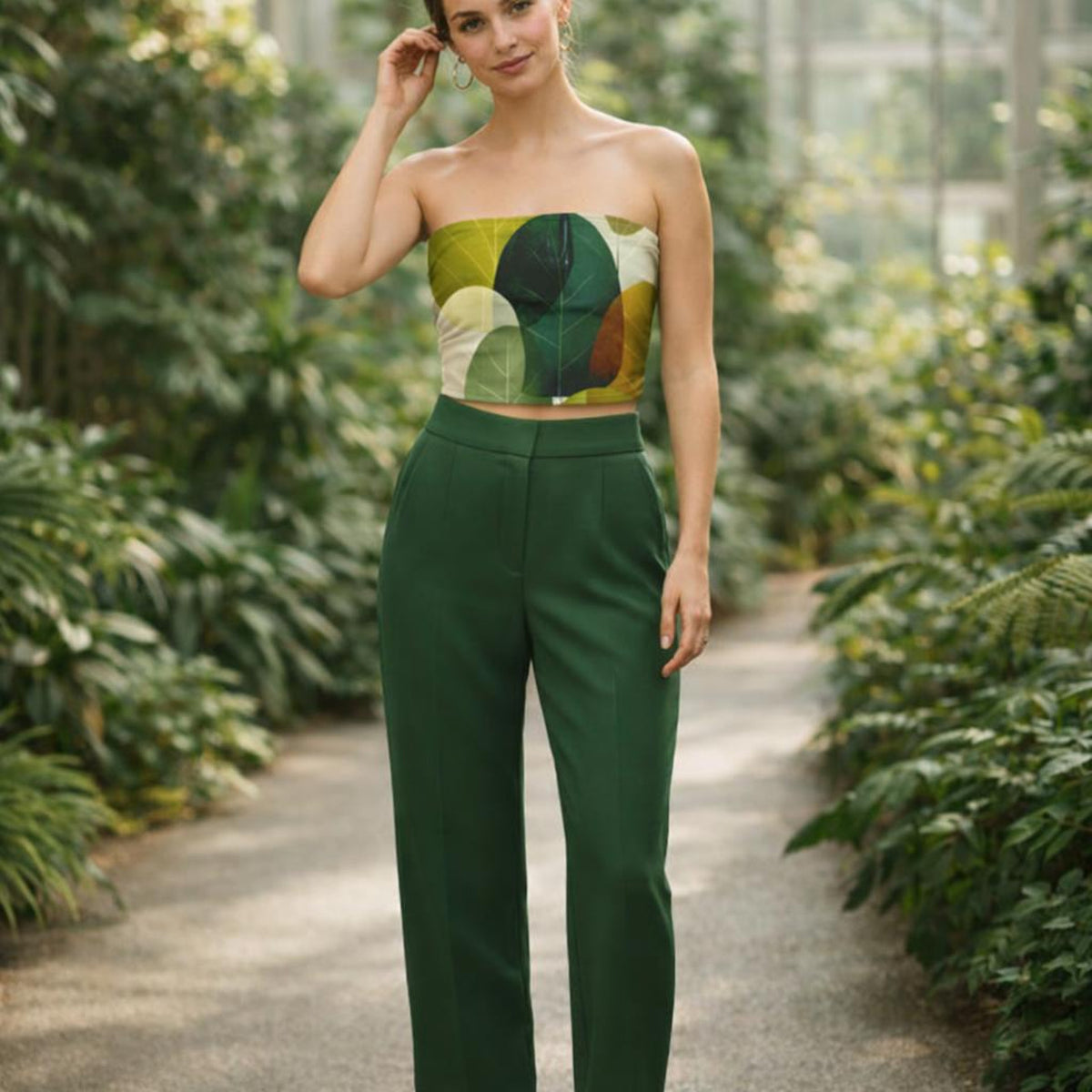 Verdant Layers | Tube Top | White Abstract Leaf · front view