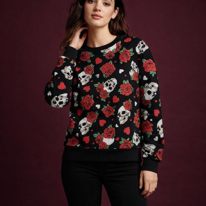 SkullRose | Sweatshirt | Gothic Tattoo Print · on a woman
