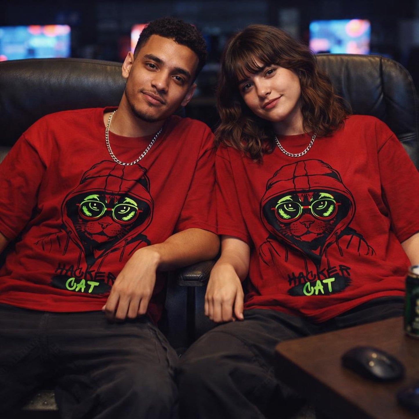 Hacker Cat | Oversized Classic T-Shirt | Black Cat Red · on a man and a woman