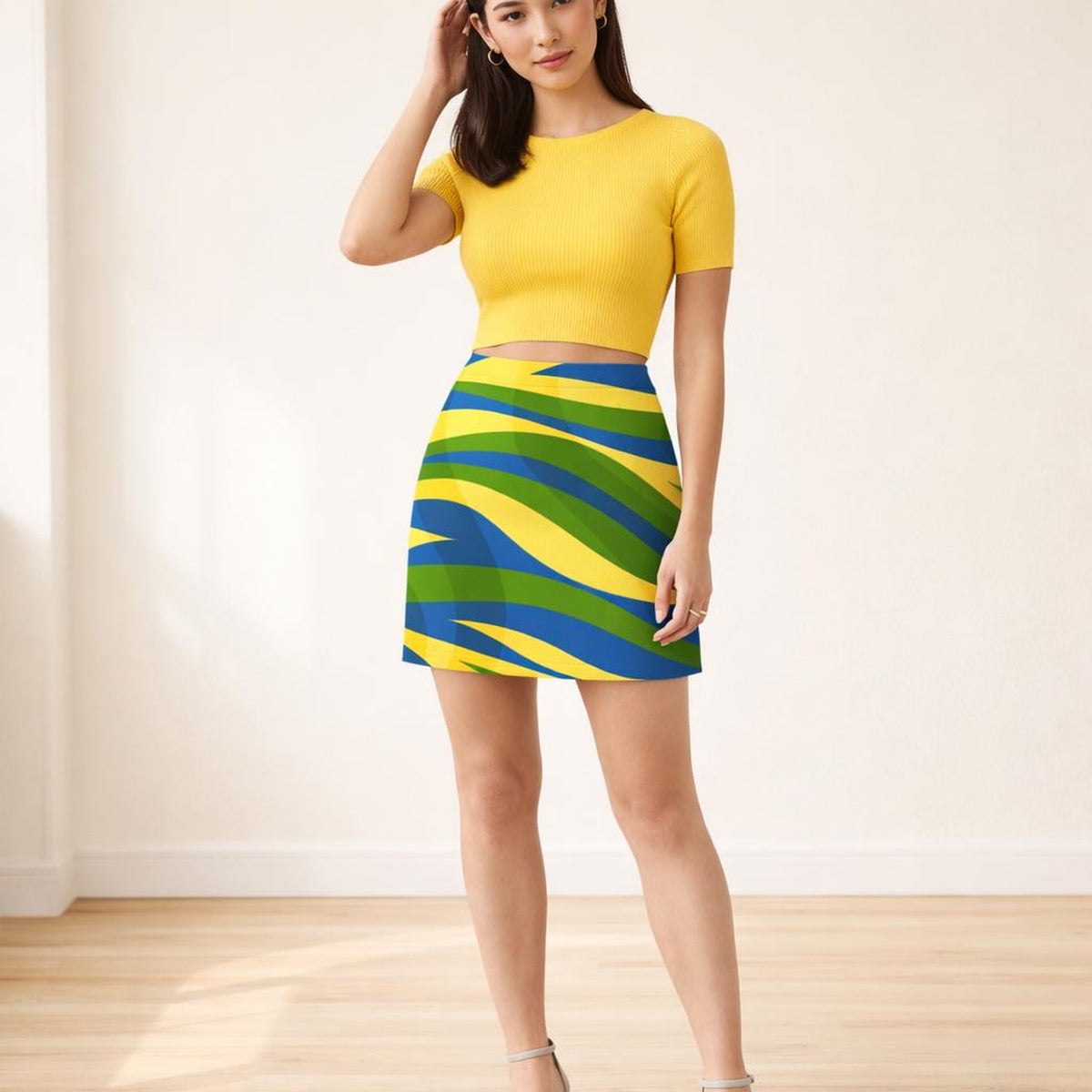 Tropical Wave Rush | Mini Skirt | Zigzag Blue, Yellow & Green · front view