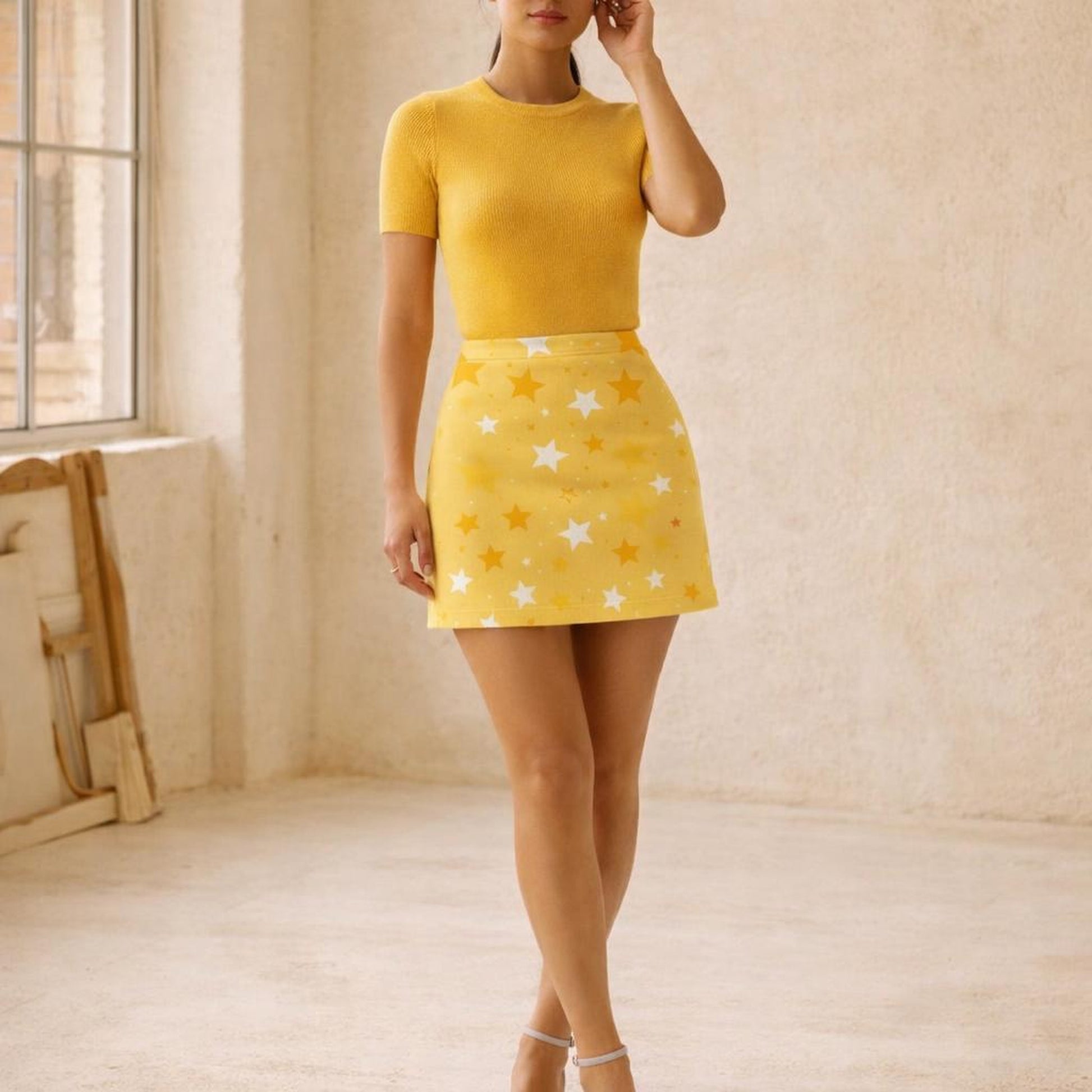 Golden Stardust | Star Graphic Print | Yellow & White | Mini Skirt · front view