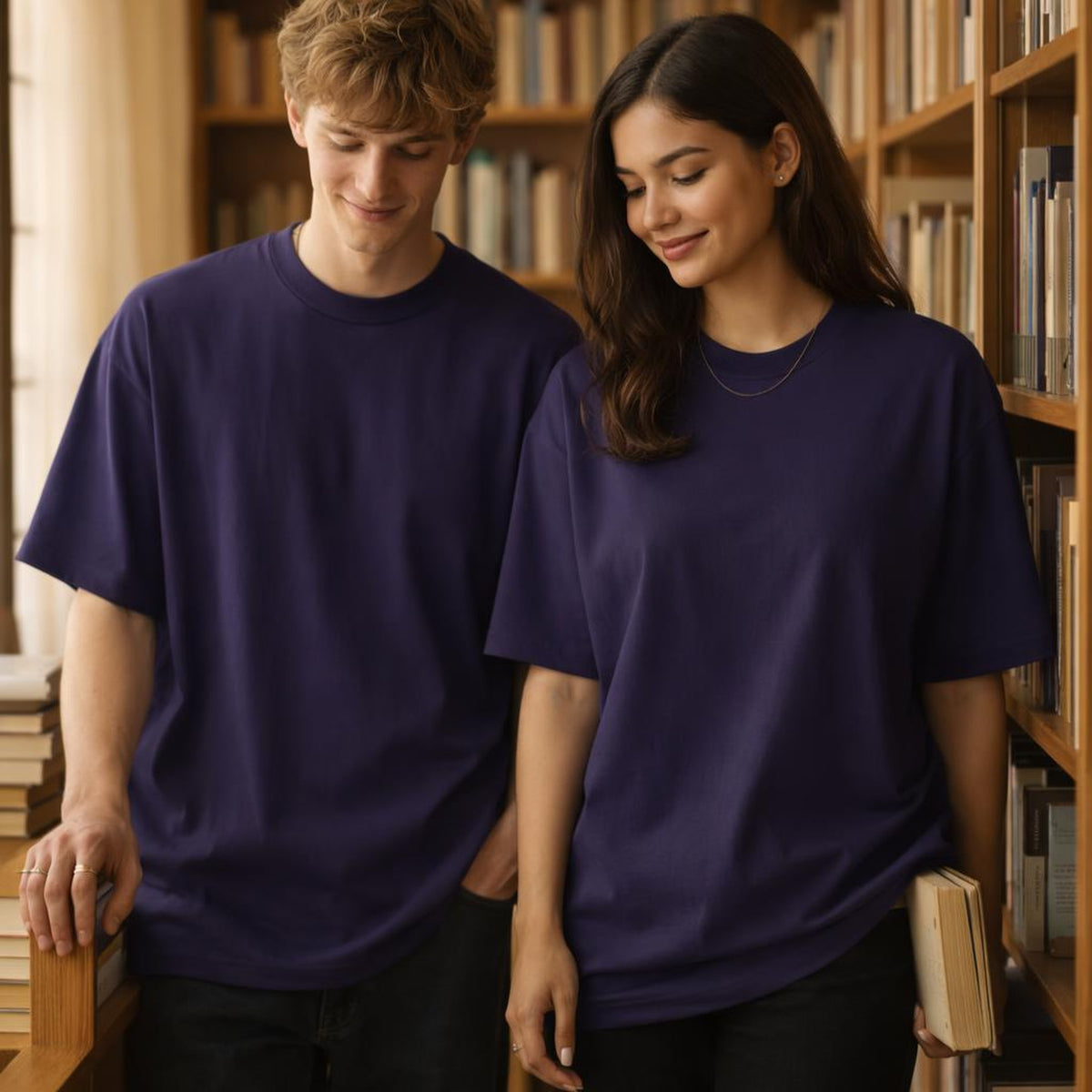 Purple Plain | Oversized Classic T-Shirt | Solid Relaxed Fit · on a man and a woman