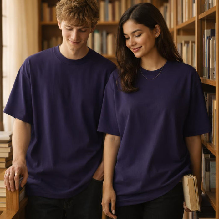Purple Plain | Oversized Classic T-Shirt | Solid Relaxed Fit · on a man and a woman