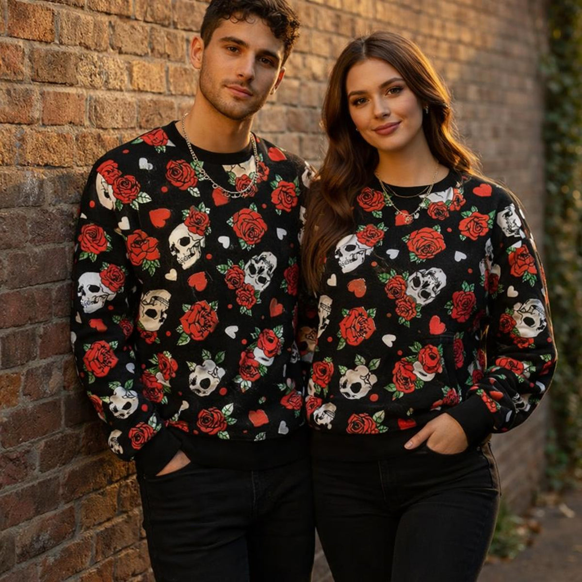 SkullRose | Sweatshirt | Gothic Tattoo Print · on a man and a woman