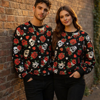 SkullRose | Sweatshirt | Gothic Tattoo Print · on a man and a woman