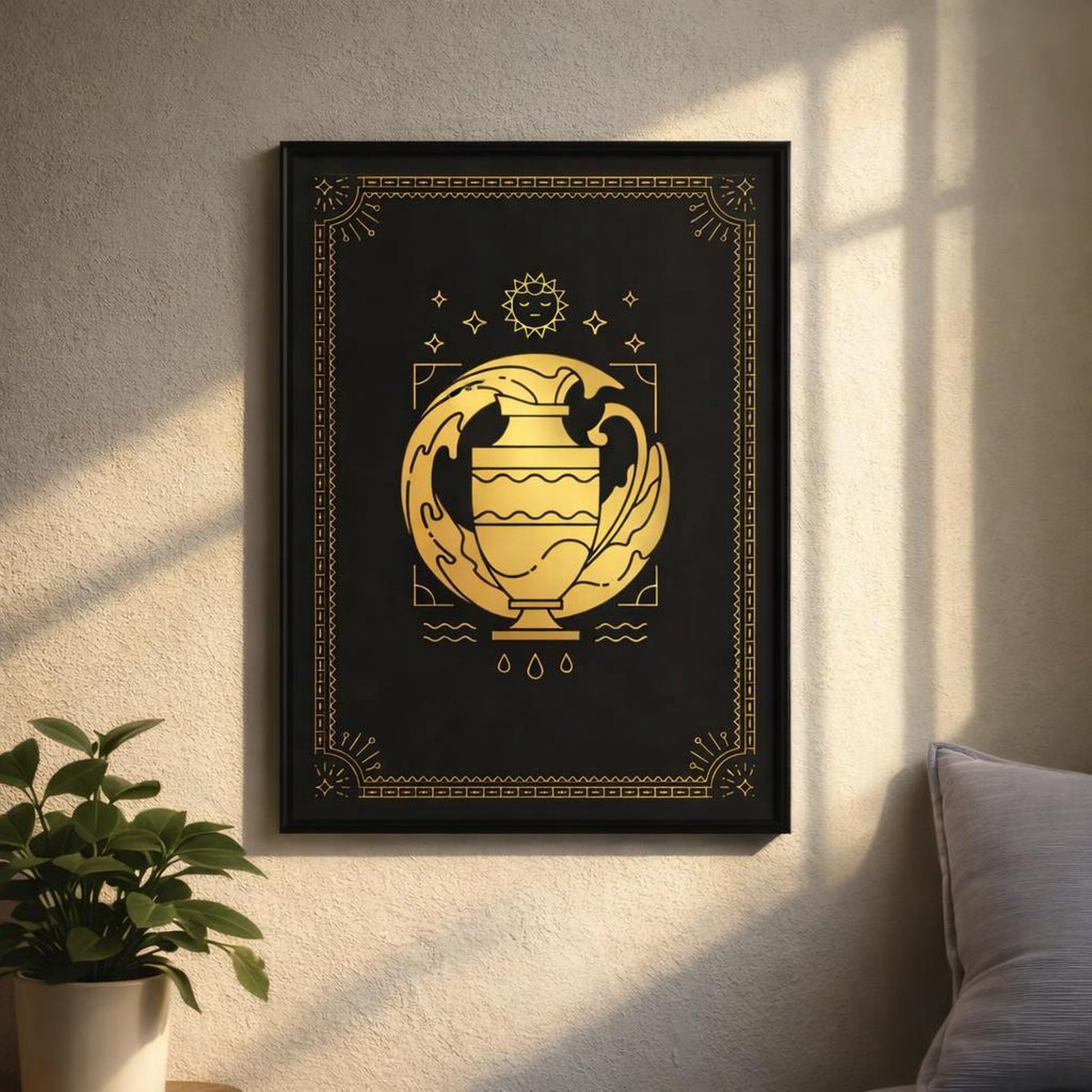 Aquarius Sun Vase | A3 Poster | Gold & Botanical — design detail