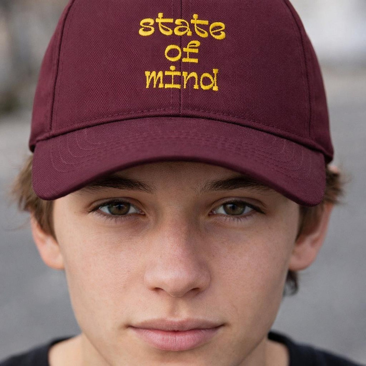 State of Mind | Baseball Cap | Maroon & Yellow Embroidered · design detail