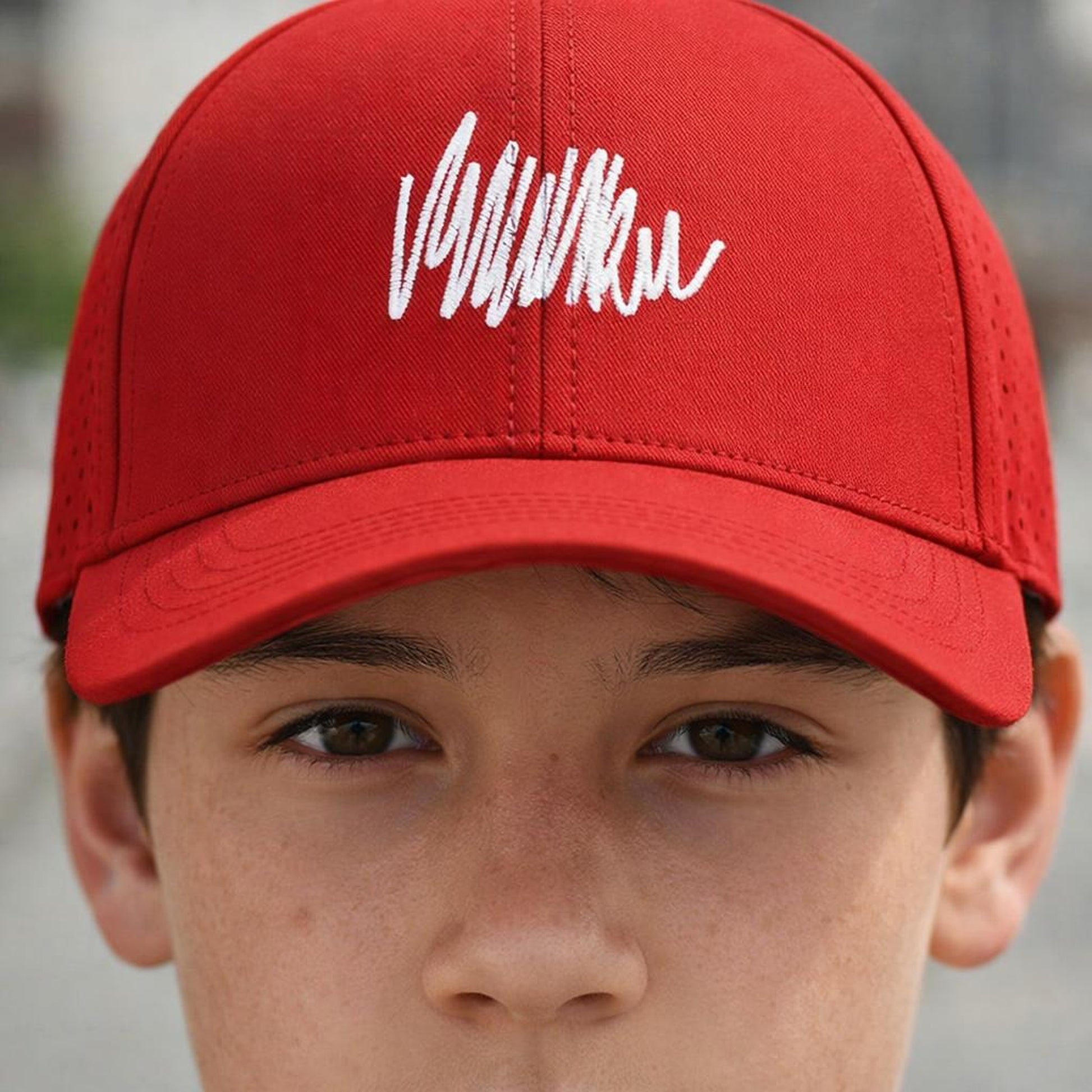 Vivienne Script | Sports Cap | Red Embroidered · design detail