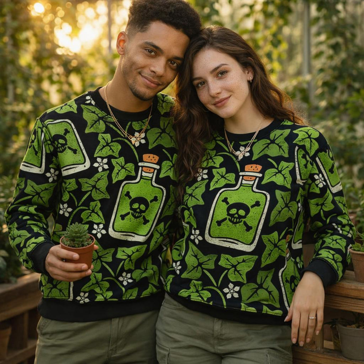 Dark Garden | Sweatshirt | Gothic Ivy & Skull Bottles · on a man and a woman