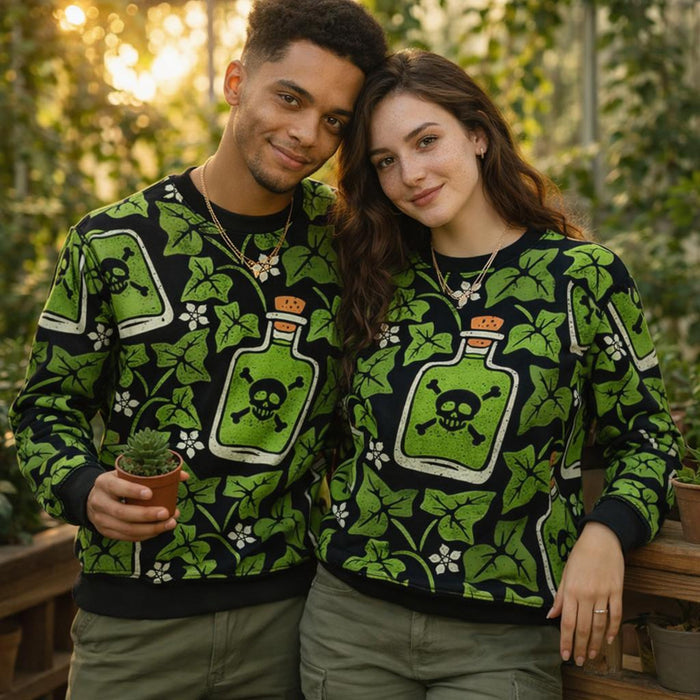 Dark Garden | Sweatshirt | Gothic Ivy & Skull Bottles · on a man and a woman