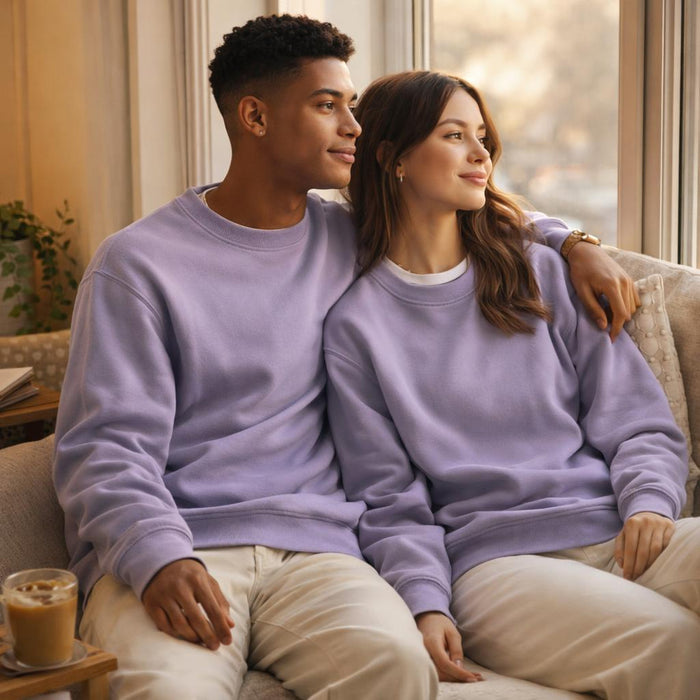 Lavender Haze | Sweatshirt | Soft Pastel · on a man and a woman
