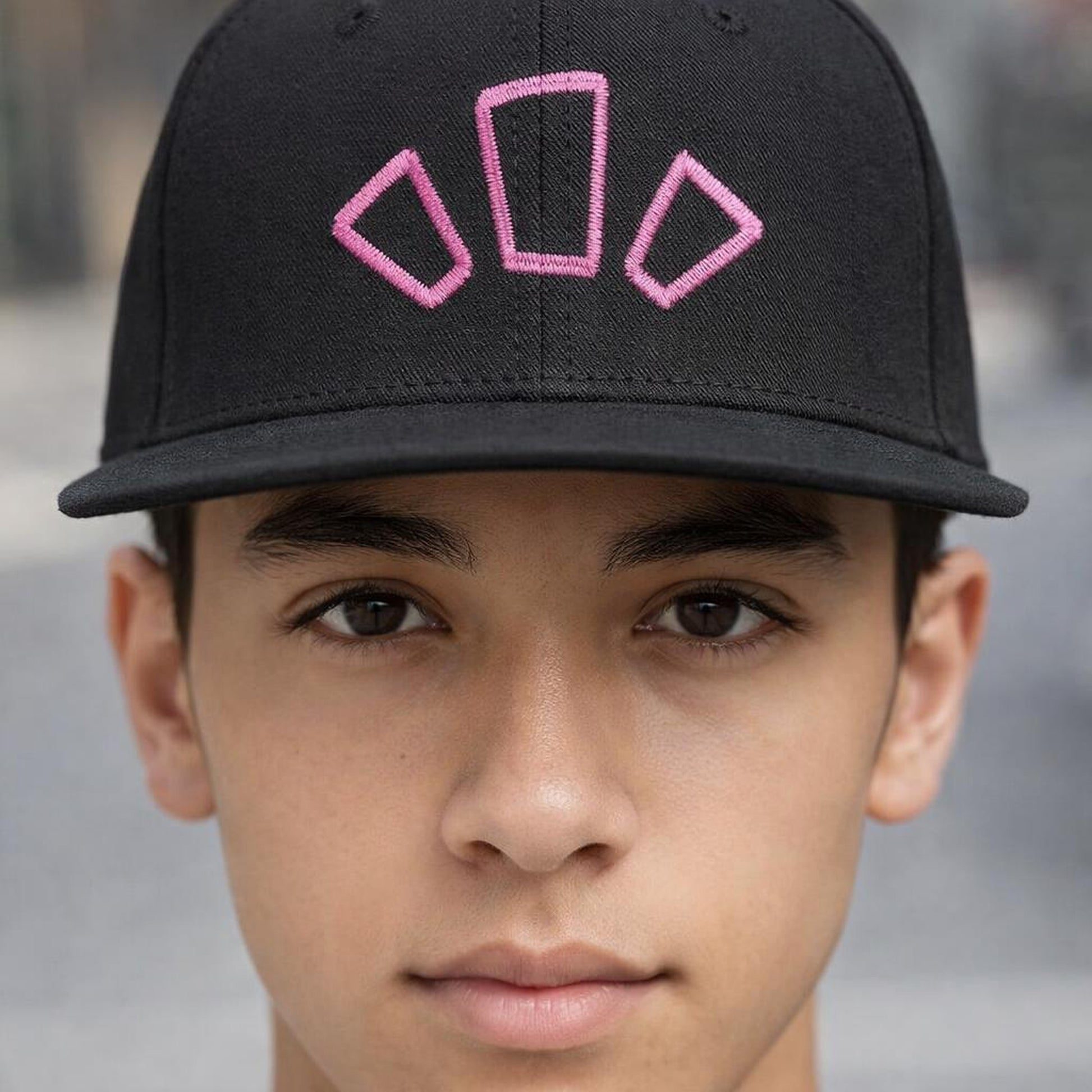 Pink Triangles | Snapback Cap | Black Cotton · design detail
