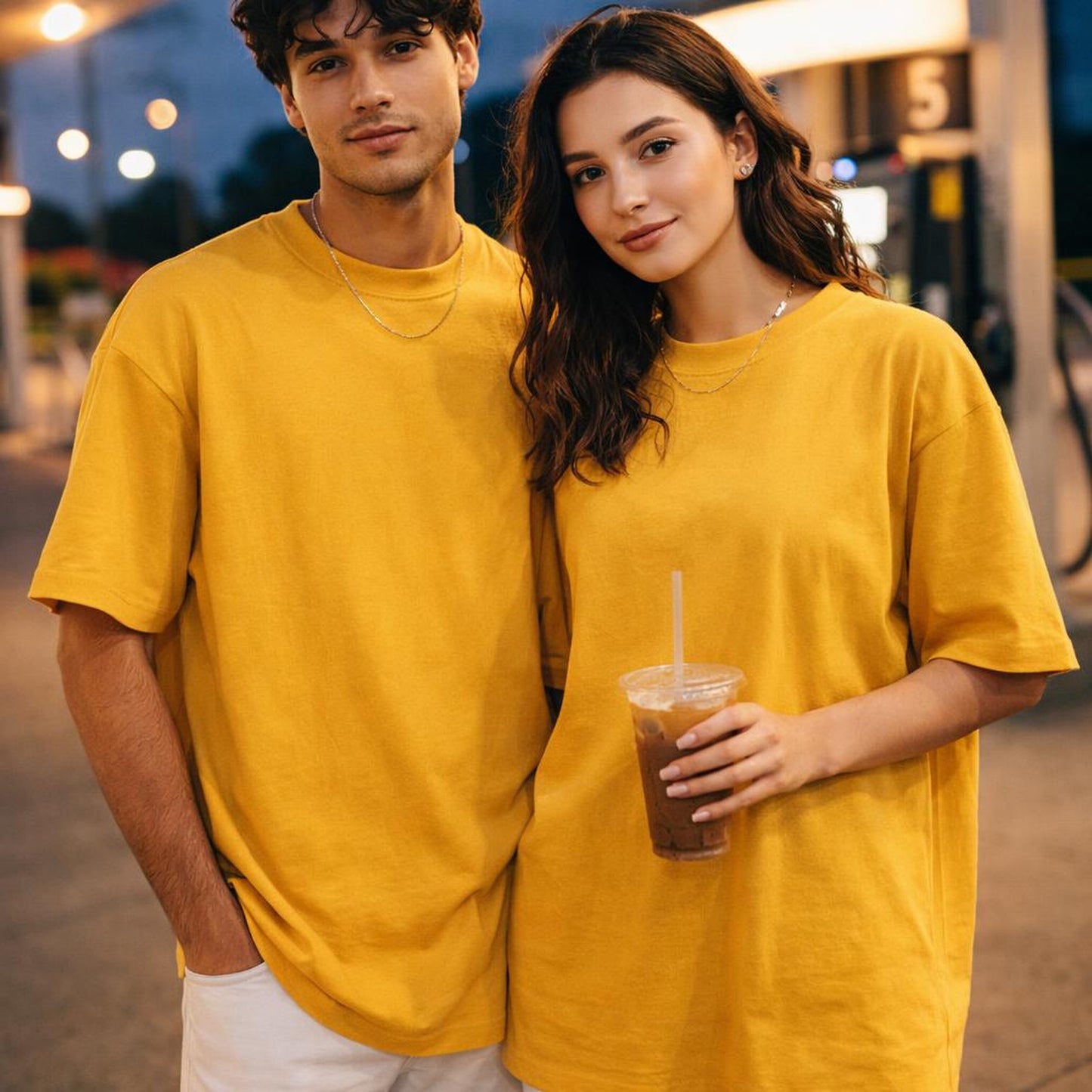 Bright Yellow Plain | Oversized T-Shirt | Soft Cotton · on a man and a woman