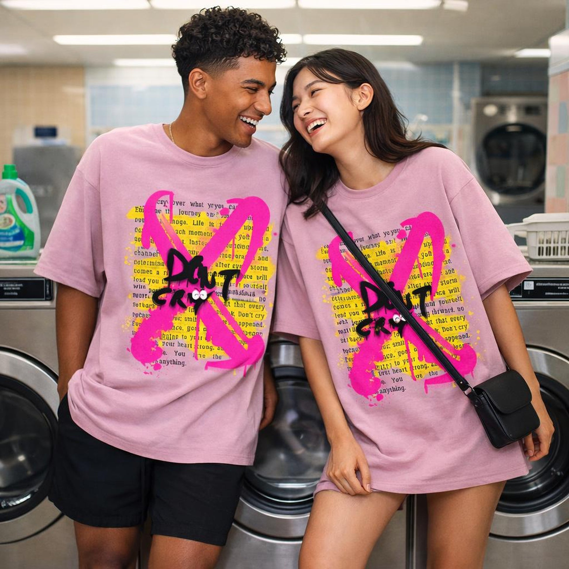 Don't Cry | Oversized T-Shirt | Pink with Splatter Ribbon — front view