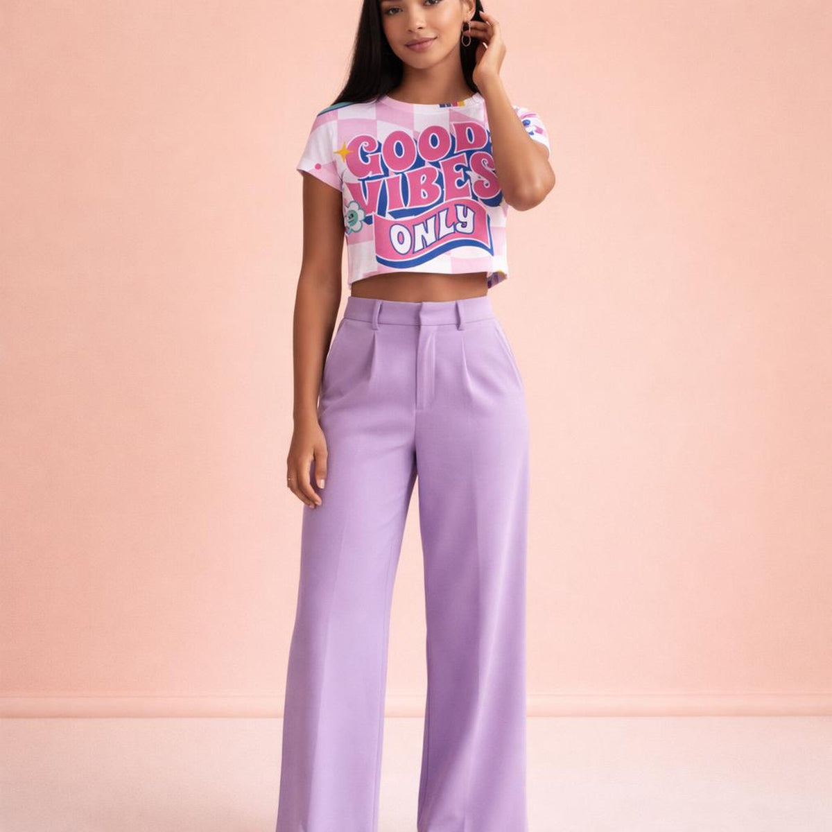 Good Vibes Only | Crop Top | Pink & Purple Check · front view
