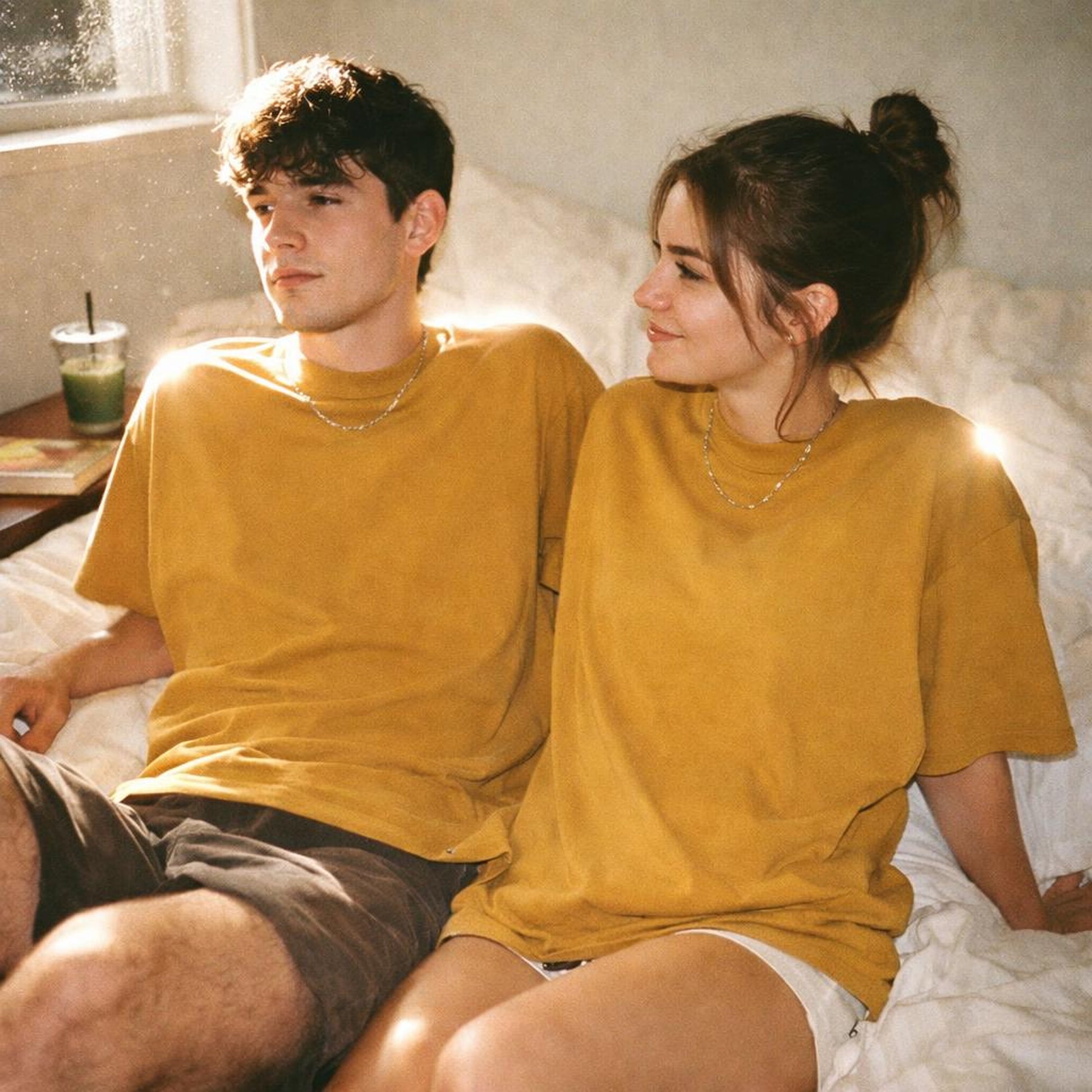 Warm Yellow | Oversized Classic T-Shirt | Mustard Plain · on a man and a woman
