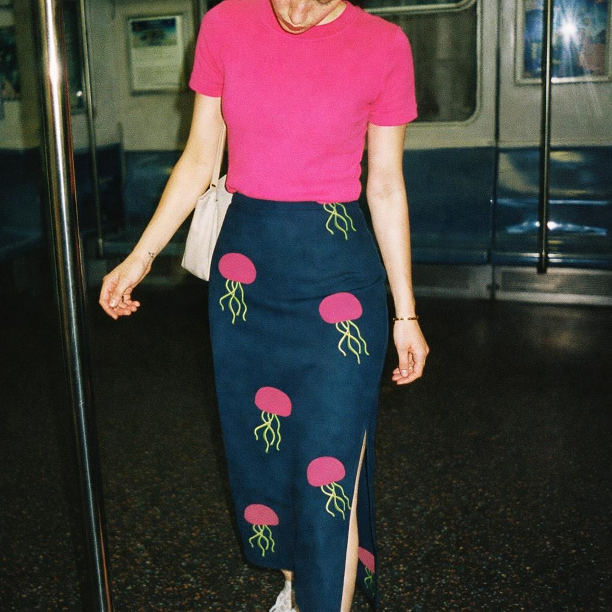 Electric Jellyfish | Pencil Skirt | Neon Pink on Navy — lifestyle