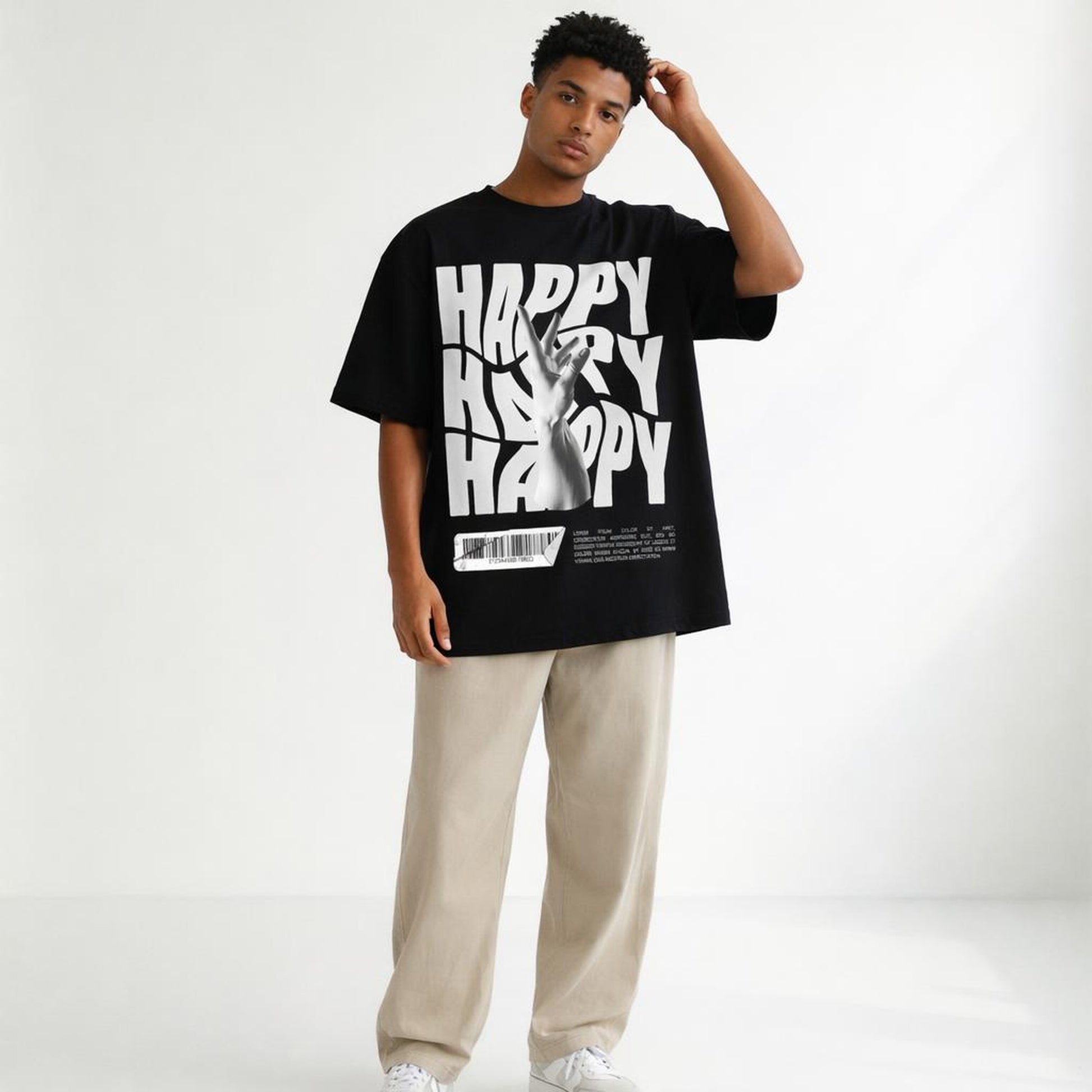 Happy | Oversized T-Shirt | Black · on a man