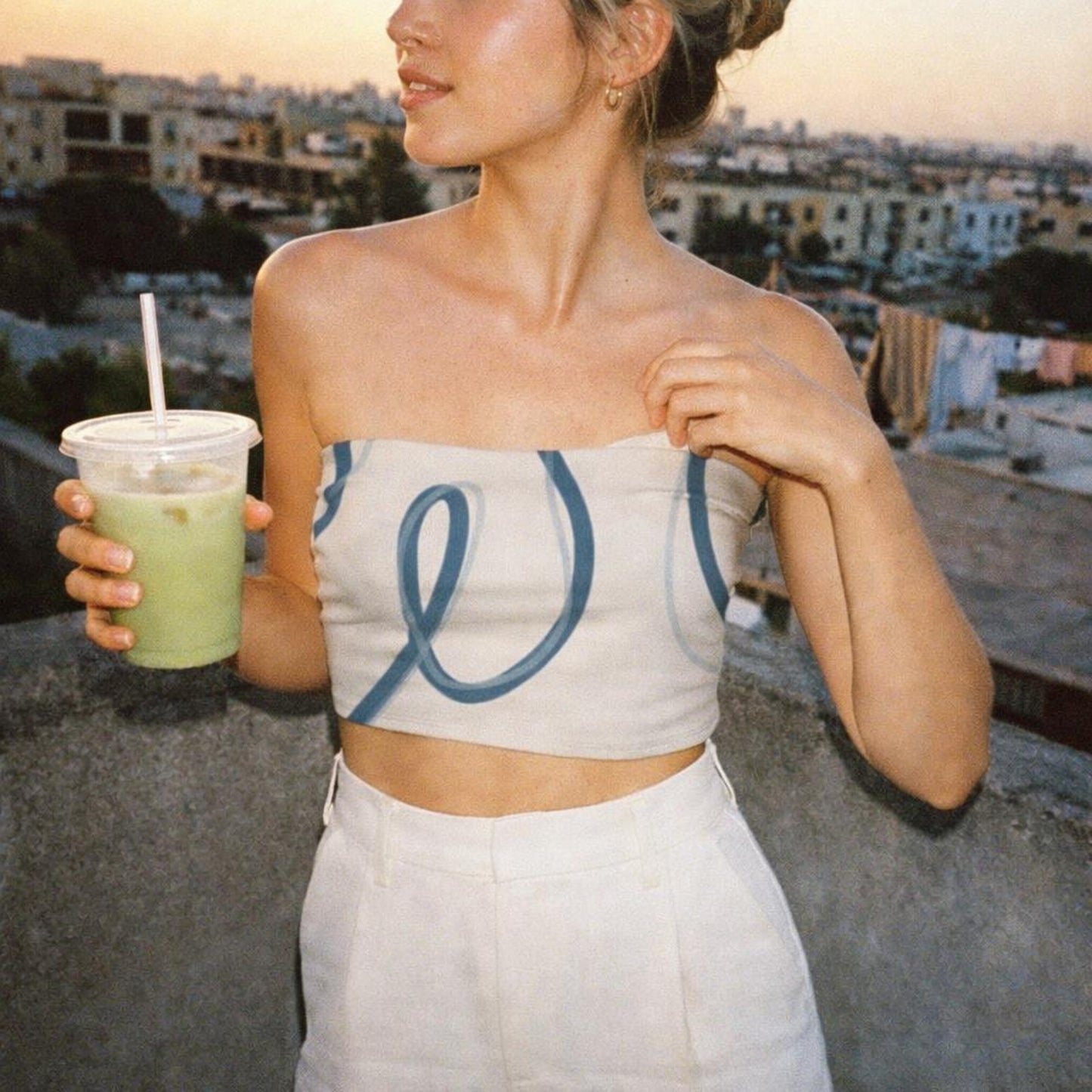 Contour Flow | Tube Top | Beige with Blue Line Art — lifestyle