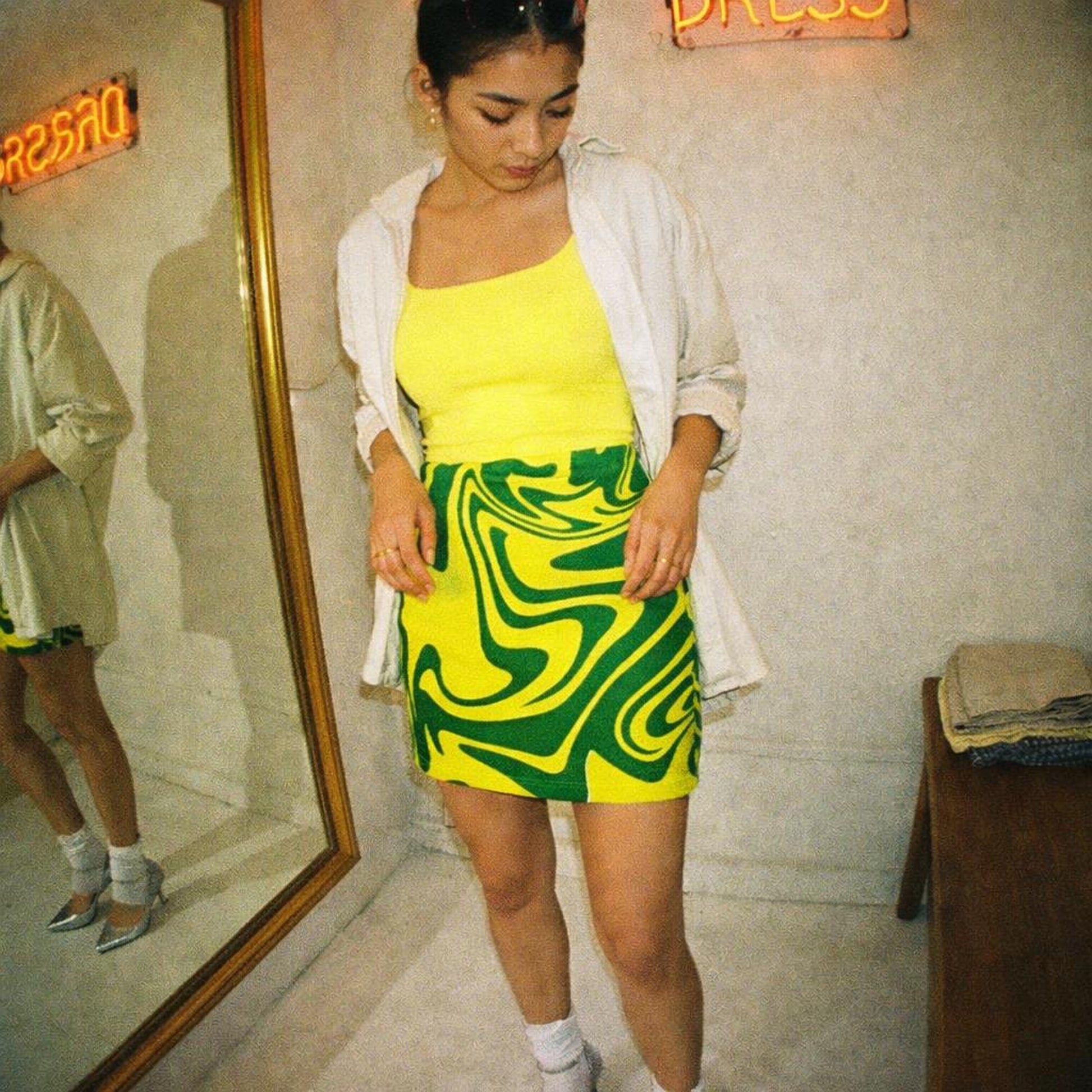 Electric Lime Swirl | Mini Skirt | Abstract Graphic — lifestyle