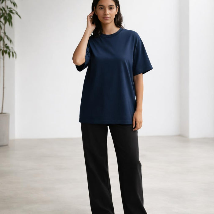 Cozy Mode Essential | Oversized T-Shirt | Deep Navy · on a woman
